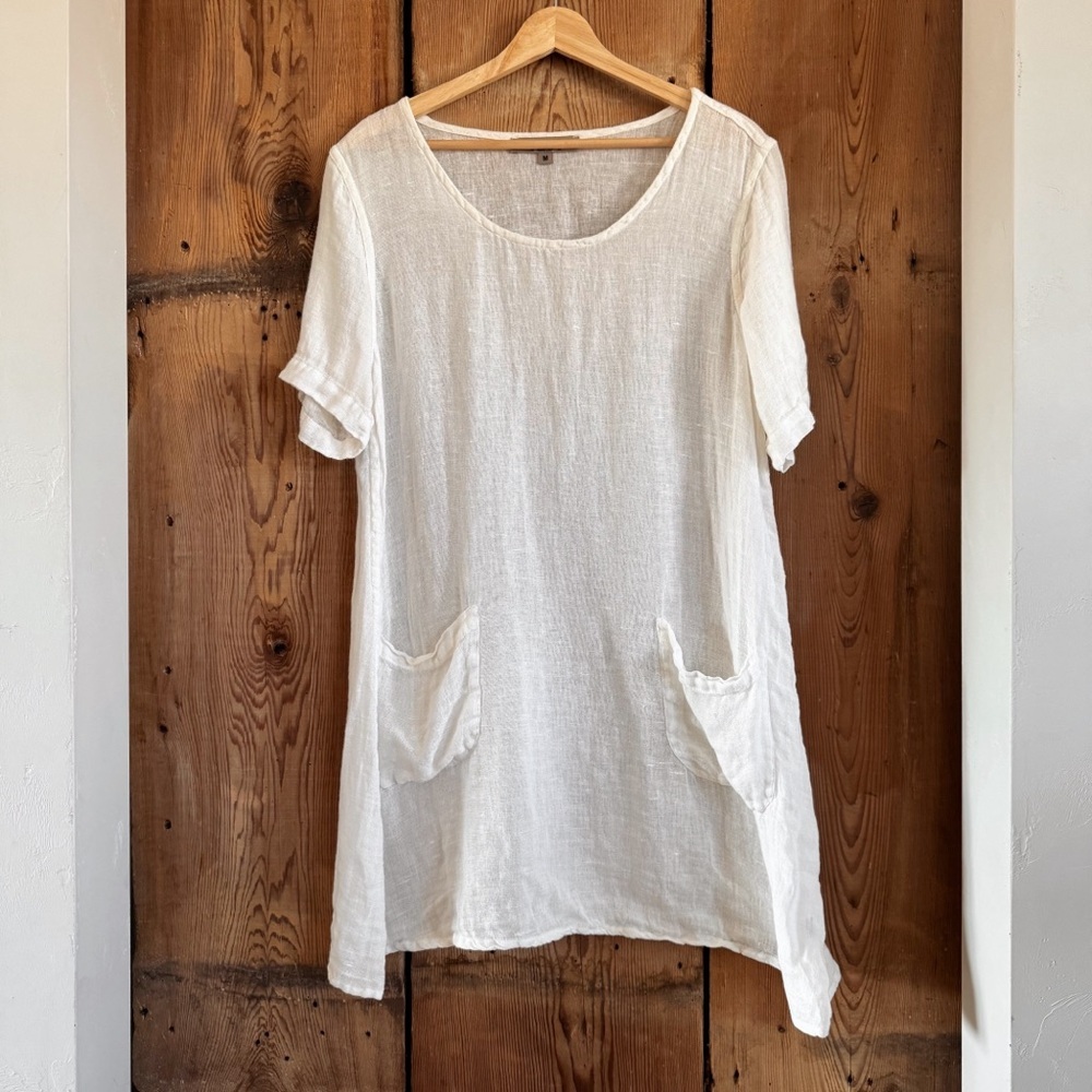 Sz M Flax 100% Linen Ivory Minimalist Lightweight Pullover Tunic Dress EUC